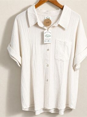 Very J Oatmeal Short-Sleeve Textured Button-Up Blouse